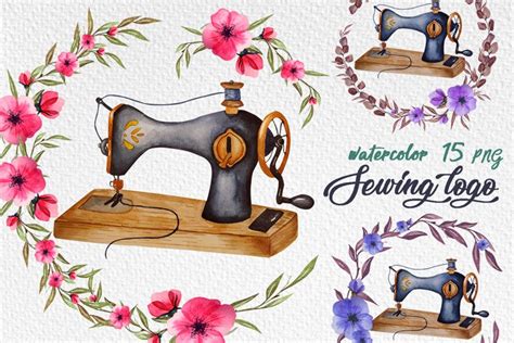 Watercolor Sewing Machine PNG, Vintage Sewing logo, Needle