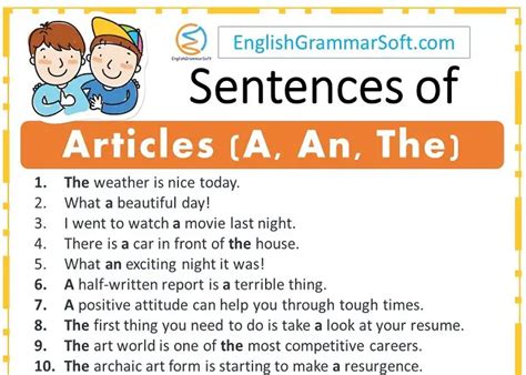 50 Sentences of Articles (A, An, The) - EnglishGrammarSoft