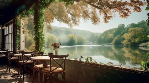 Premium AI Image | A restaurant with a lake view