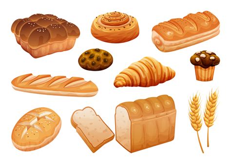 Bread illustration set. Bakery pastry products isolated on white ...