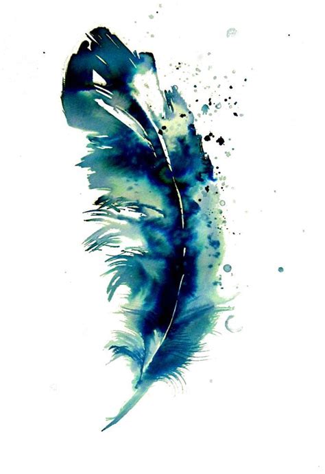 Watercolor Painting of a Blue Feather