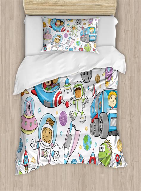 Outer Space Duvet Cover Set, Cute Deep Space Astronaut Girl Boy Aliens Rockets on Moon Kids ...