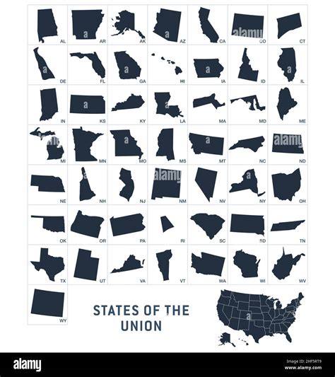 Simplified state shapes of the USA unites states of america set of all 50 fifty vector ...