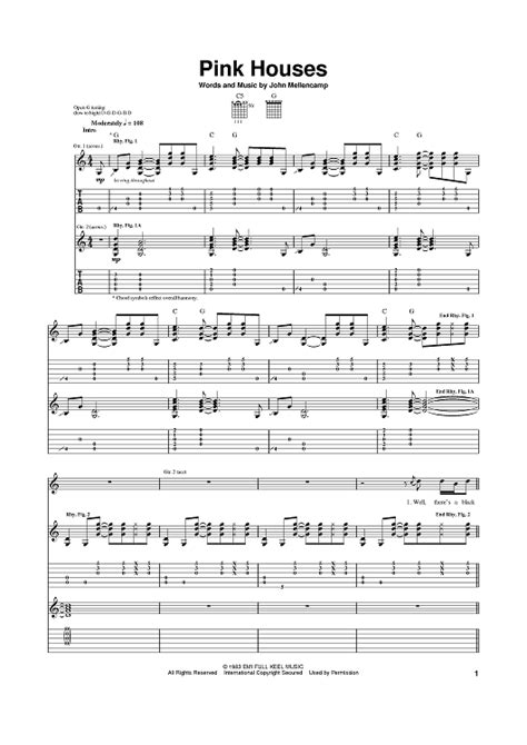 Pink Houses" Sheet Music by John Cougar Mellencamp for Guitar Tab - Sheet Music Now