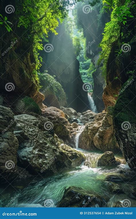 Mystical Forest Waterfall with Sunlight Streaming through Foliage Stock ...