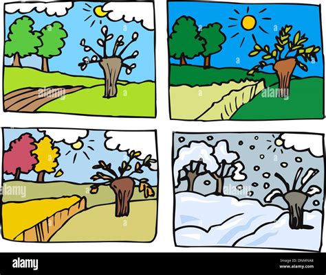 Cartoon Illustration of Rural Landscape in Four Seasons: Spring, Summer, Autumn or Fall and ...