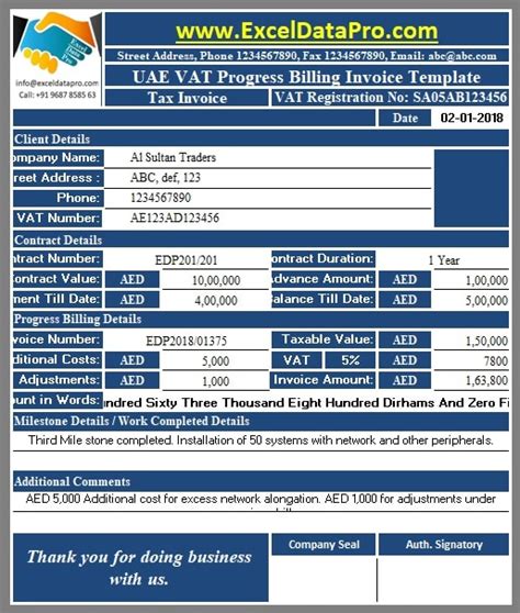 Download UAE VAT Progress Billing Invoice Excel Template - ExcelDataPro