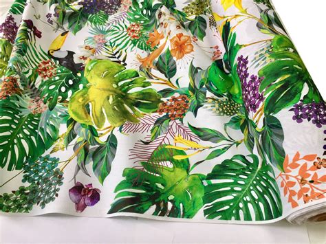 Tropical Toucan Bird Fabric Curtain Upholstery Cotton Material / botanical palm leaf garden ...