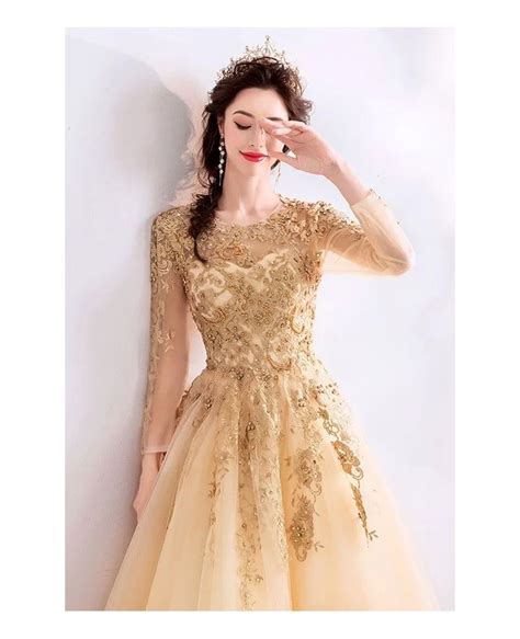 Luxe Champagne Gold Long Sleeve Prom Dress Tulle With Beaded Lace ...