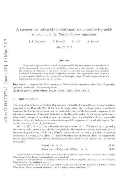 (PDF) A rigorous derivation of the stationary compressible Reynolds equation via the Navier ...