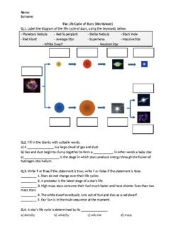 The Life Cycle of Stars - Worksheet | Distance Learning by Science ...