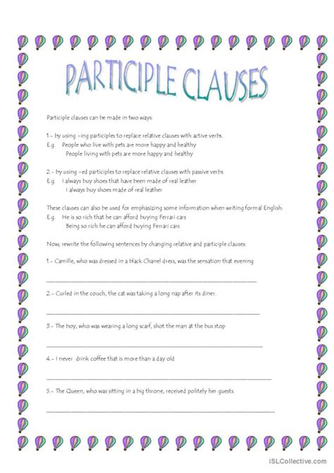 Participle Clauses: English ESL worksheets pdf & doc