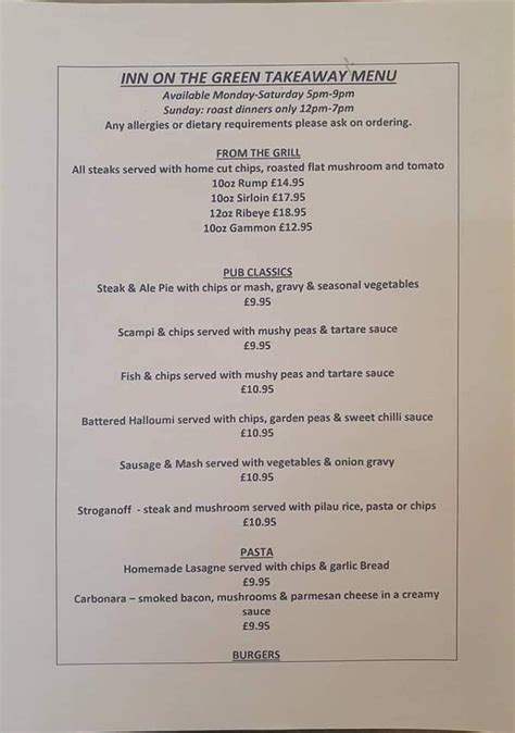 Menu at Inn On The Green pub & bar, Newark-on-Trent