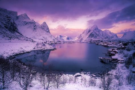 Download Reine Dusk Sunset Cloud Snow Lake Mountain Winter Earth ...