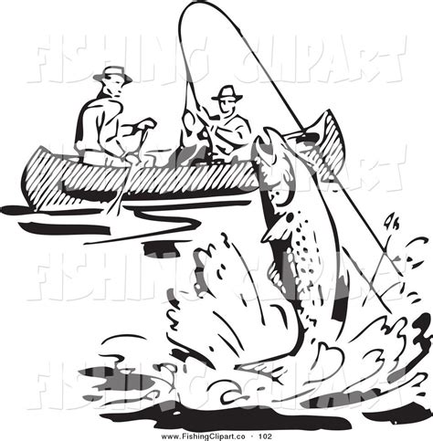 Clip Art of a Retro Black and White Men Fishing in a Boat, a Fish ...