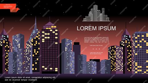 Free Vector | Night city landscape with modern buildings and skyscrapers in flat style illustration