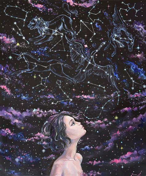 "Constellations" - woman portrait and night starry sky with constellations, oil painting by Yana ...