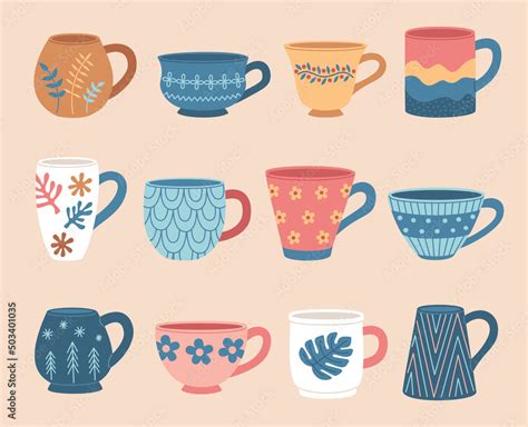 Set of various tea cups. Cute dishes different shapes and ornaments. Hand drawn color vector ...