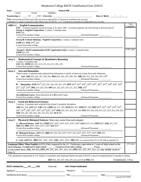 Intersegmental General Education Transfer Curriculum (IGETC) Worksheet | Mendocino College