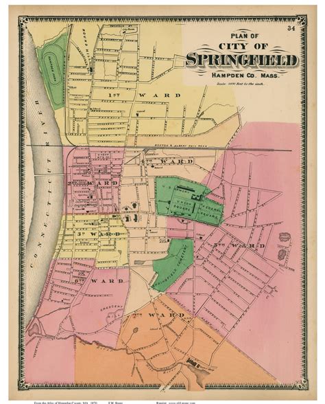 Springfield Downtown, Massachusetts 1870 Old Town Map Reprint - Hampden Co. - OLD MAPS