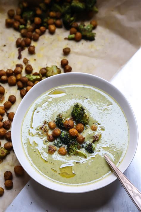 Creamy Vegan Broccoli Soup with Curried Chickpeas - Half Cup Habit