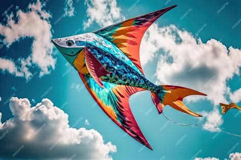 Premium Photo | Kite in the form of a fish flying in the blue sky among ...