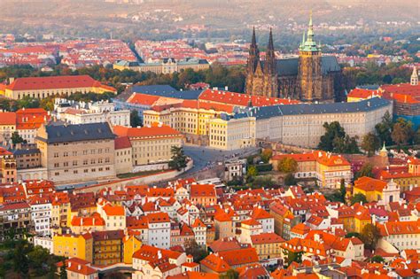 Evening Aerial View Of Prague Castle Complex In Czech Republic Stock ...