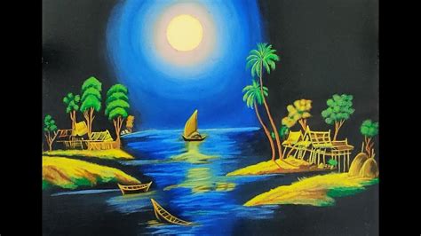 moonlight night view river scenery painting tutorial/acrylic painting/Canvas painting/night ...