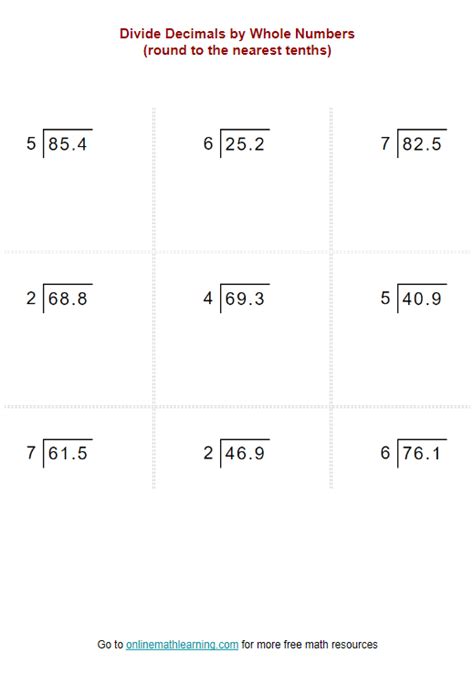 Dividing Decimals by Whole Numbers Rounding (examples, solutions, videos, worksheets, activities)