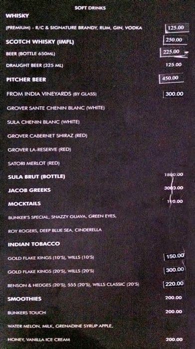 Bunker Bar Menu, Menu for Bunker Bar, T. Nagar, Chennai - Zomato