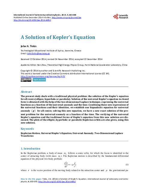 (PDF) A Solution of Kepler’s Equation