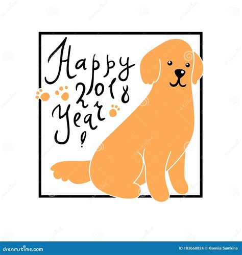 Vector New Year Greeting Card with Dog and Hand Lettering Stock Illustration - Illustration of ...