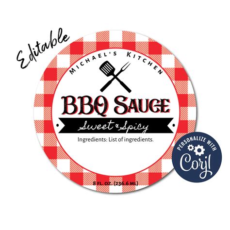 BBQ Sauce Label Red Check Editable Circle Label Edit Label - Etsy