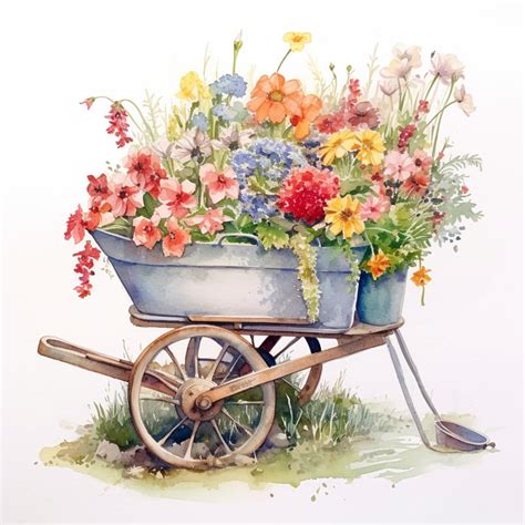 Premium AI Image | A painting of a wheelbarrow with flowers