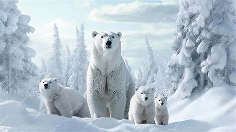 Premium AI Image | A polar bear family in the snow with trees in the ...