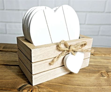 6pc Vintage Wooden White Love Heart Shabby Chic Coffee Table Coasters & Holder 5017403108962 ...