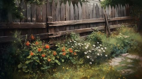 Premium AI Image | A painting of a garden with flowers and a fence.