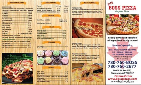 Menu at Boss Pizza pizzeria, Edmonton