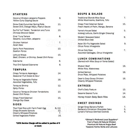 Shinsei Menu, Menu v reštaurácii Shinsei, Vickery Meadow, Dallas - Urbanspoon/Zomato