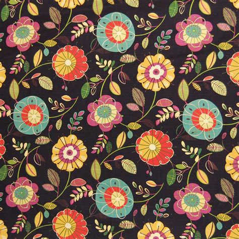 Midnight Black Floral Cotton Print Upholstery Fabric - Contemporary ...