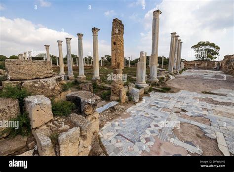 June 7, 2022, Famagusta, Cyprus: Columns of the gymnasium at Salamis with several Roman baths ...