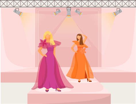 Fashion runway girls flat color vector illustration. Models demonstrate ...