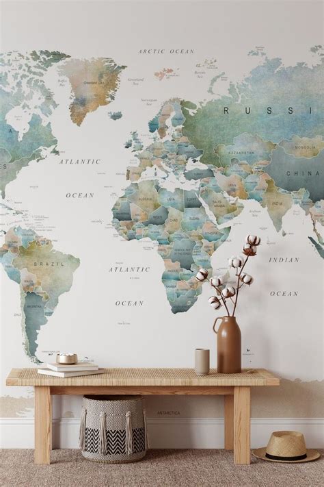 World Map Muted Tones wallpaper - Happywall | World map mural, Map wall mural, World map wallpaper