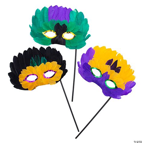 Mardi Gras Feather Mask with Stick- 12 Pc. | Halloween Express