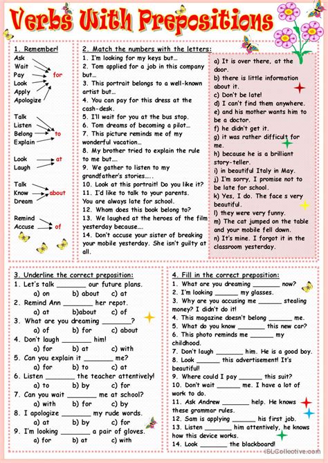 Verbs And Their Prepositions Exercises Grammar