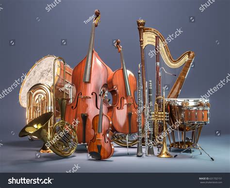 Orchestra musikalische Instrumente auf grauem Hintergrund.: Stockillustration 631702151 ...