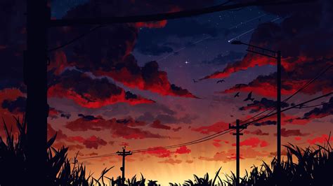 sunset, starry, sky, stars, anime, scenery, art, 4k HD Wallpaper