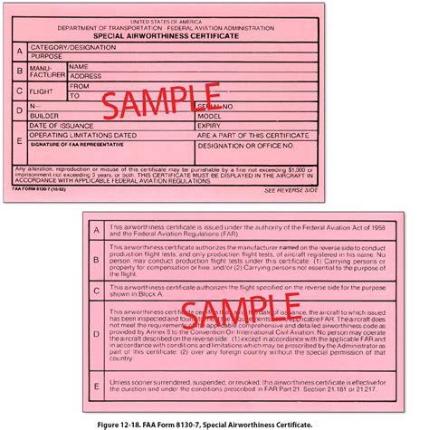 FAA Form 8130-7, Special Airworthiness Certificate,may be issued to authorize the operation of ...