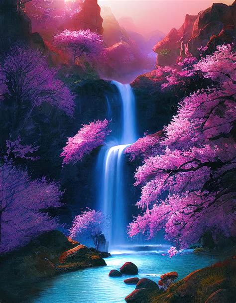 Cherry Blossom Waterfall Digital Art by Cameron Gray - Pixels