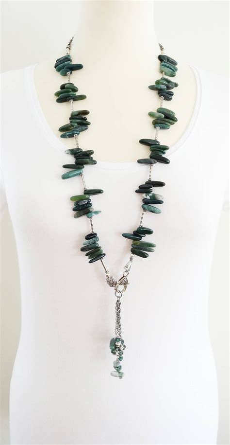 Green Necklace, Long Gemstone Necklace, Green Gemstone Necklace, Statement Necklace, Tusk Bead ...